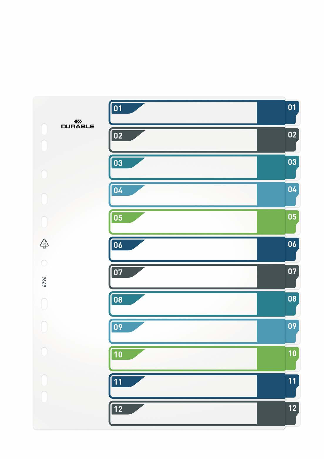 Durable Register A4+ Überbreit – Nummeriert 1–12, 12 Taben, PP, Mehrfarbig, mit Indexblatt, Universallochung