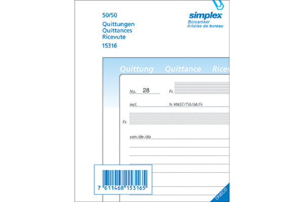 Simplex Formularblock – Quittungen, mehrsprachig, 50 Blatt, A6