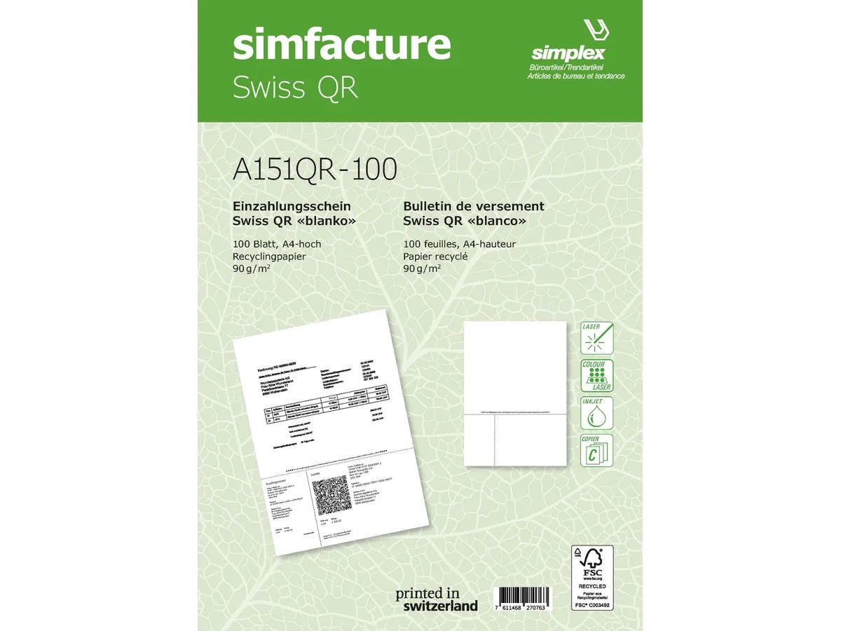 Simplex simfacture Formular – Swiss QR Recycling, für QR-Rechnung, A4