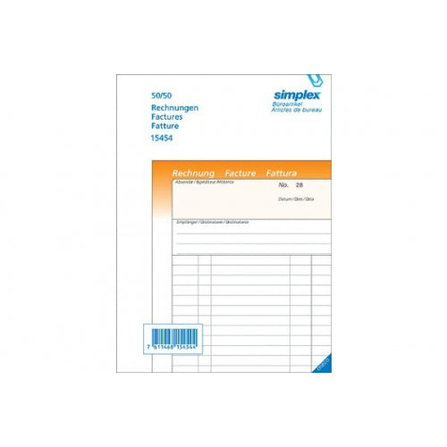 Simplex Oneco Formularblock – Rechnungen, mehrsprachig, 50 Blatt, A5