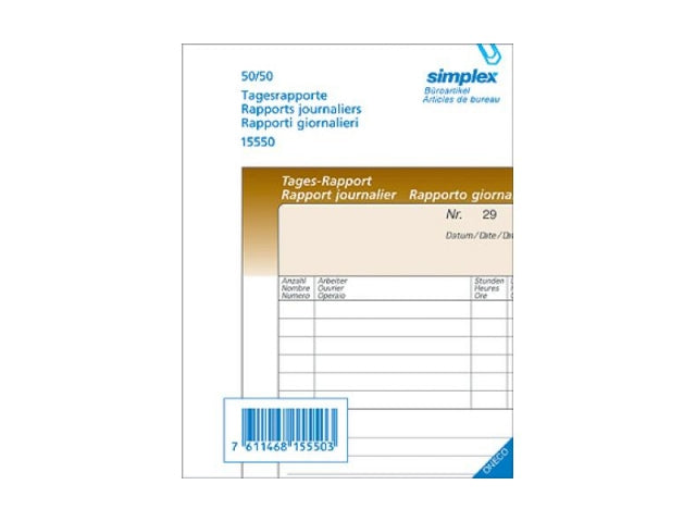 Simplex Formularblock – Tages-Rapporte, mehrsprachig, 50 Blatt, A6