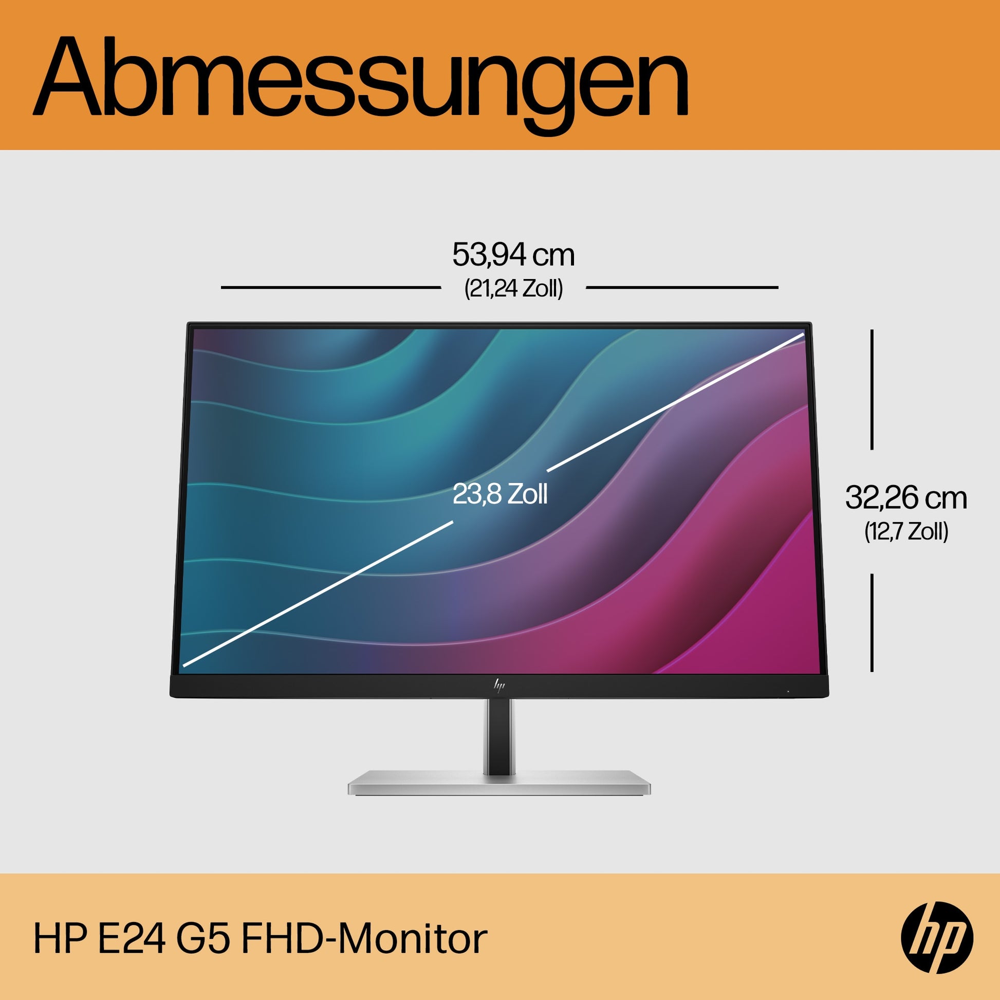 HP E24 G5 – Monitor, 23,8", 1920 × 1080 (Full HD), IPS, 75 Hz, 250 cd/m², USB-Hub, VESA 100 × 100, Silber