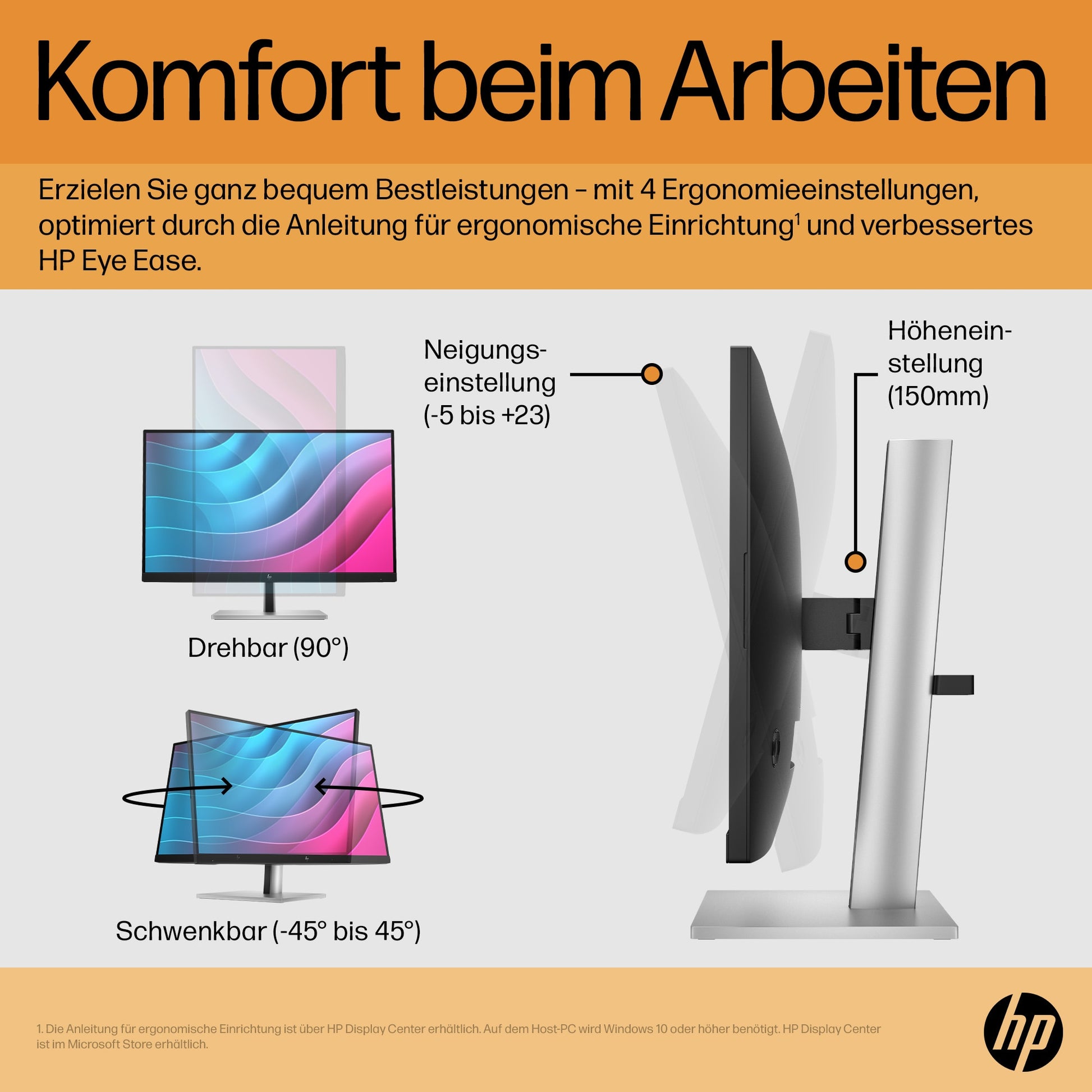 HP E24 G5 – Monitor, 23,8", 1920 × 1080 (Full HD), IPS, 75 Hz, 250 cd/m², VESA 100 × 100, Schwarz