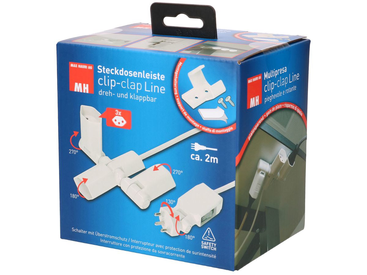 Max Hauri AG Max Hauri Steckdosenleiste, 3×T13, mit Schalter, 2 m, klappbar 180° – weiss