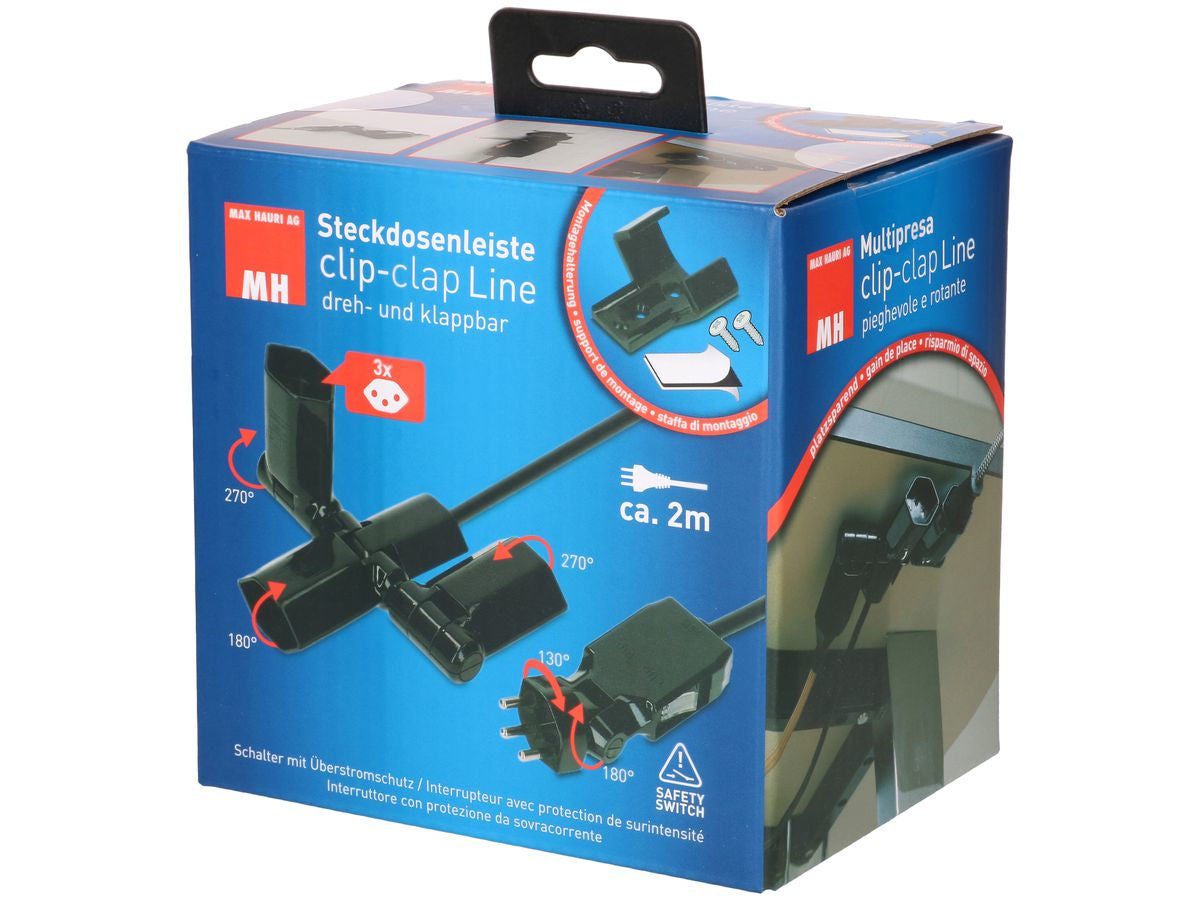 Max Hauri AG Max Hauri Steckdosenleiste – 3×T13, 2 m Kabel, Schalter, drehbar 130°, IP20