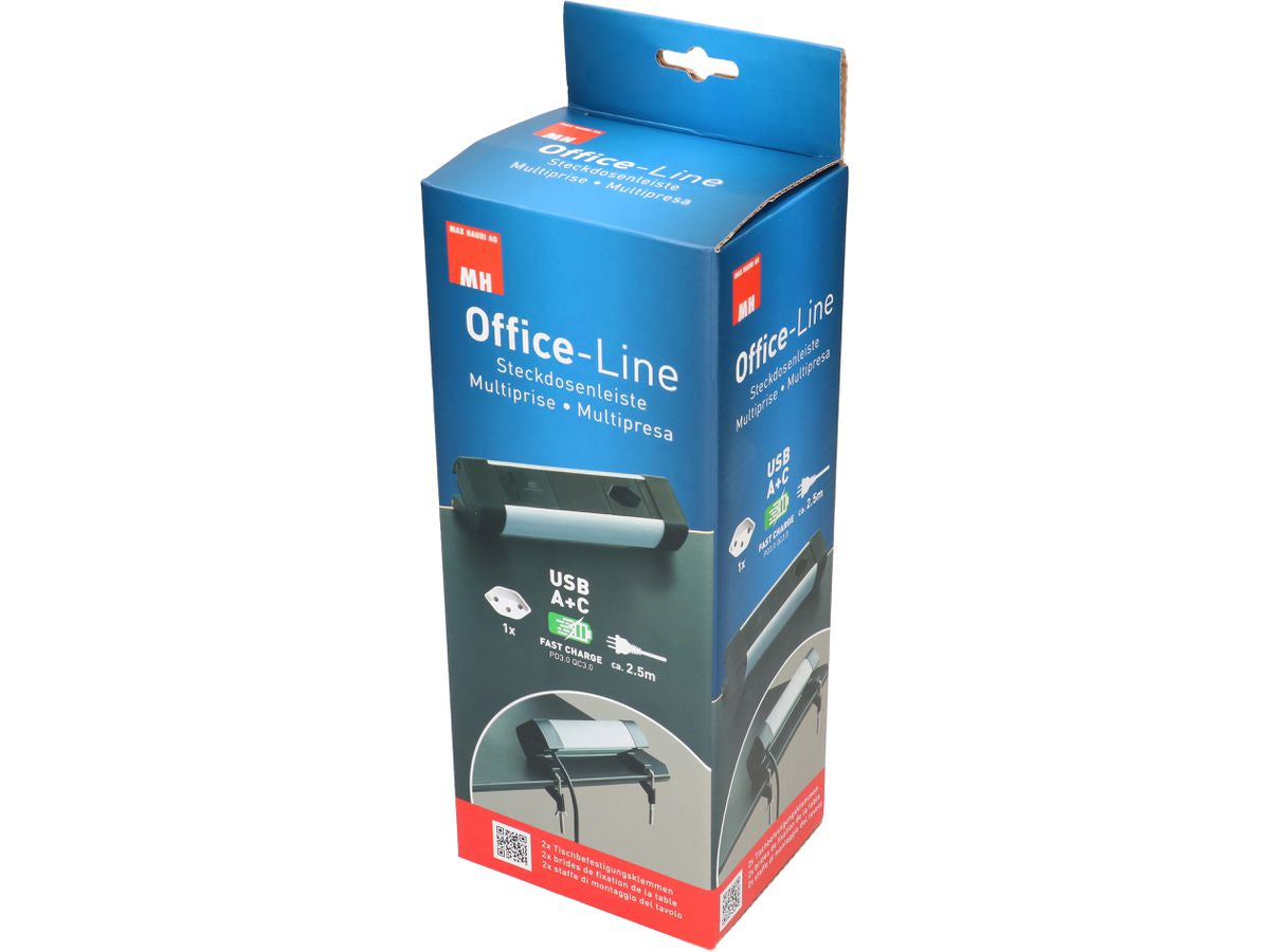 Max Hauri AG Max Hauri Alu-Office-Line – Tischsteckdosenleiste, 1× T13, 1× USB-A, 1× USB-C, 2,5 m, Stecker T12
