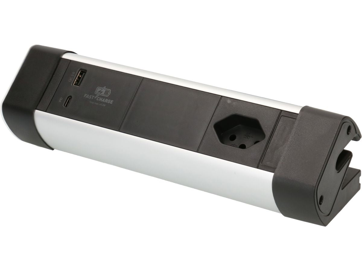 Max Hauri AG Max Hauri Alu-Office-Line – Tischsteckdosenleiste, 1× T13, 1× USB-A, 1× USB-C, 2,5 m, Stecker T12