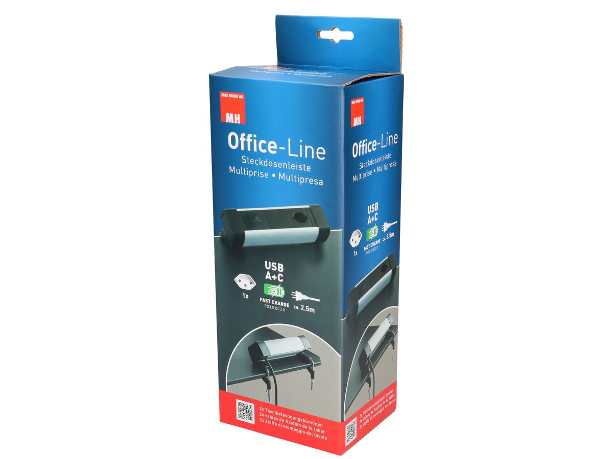 Max Hauri AG Max Hauri Alu-Office-Line – Tischsteckdosenleiste, 1× T13, 1× USB-A, 1× USB-C, 2,5 m, Stecker T12
