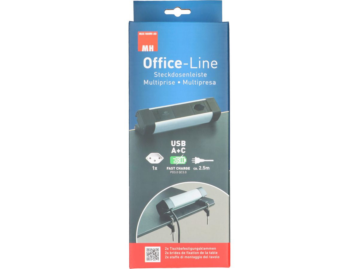 Max Hauri AG Max Hauri Alu-Office-Line – Tischsteckdosenleiste, 1× T13, 1× USB-A, 1× USB-C, 2,5 m, Stecker T12