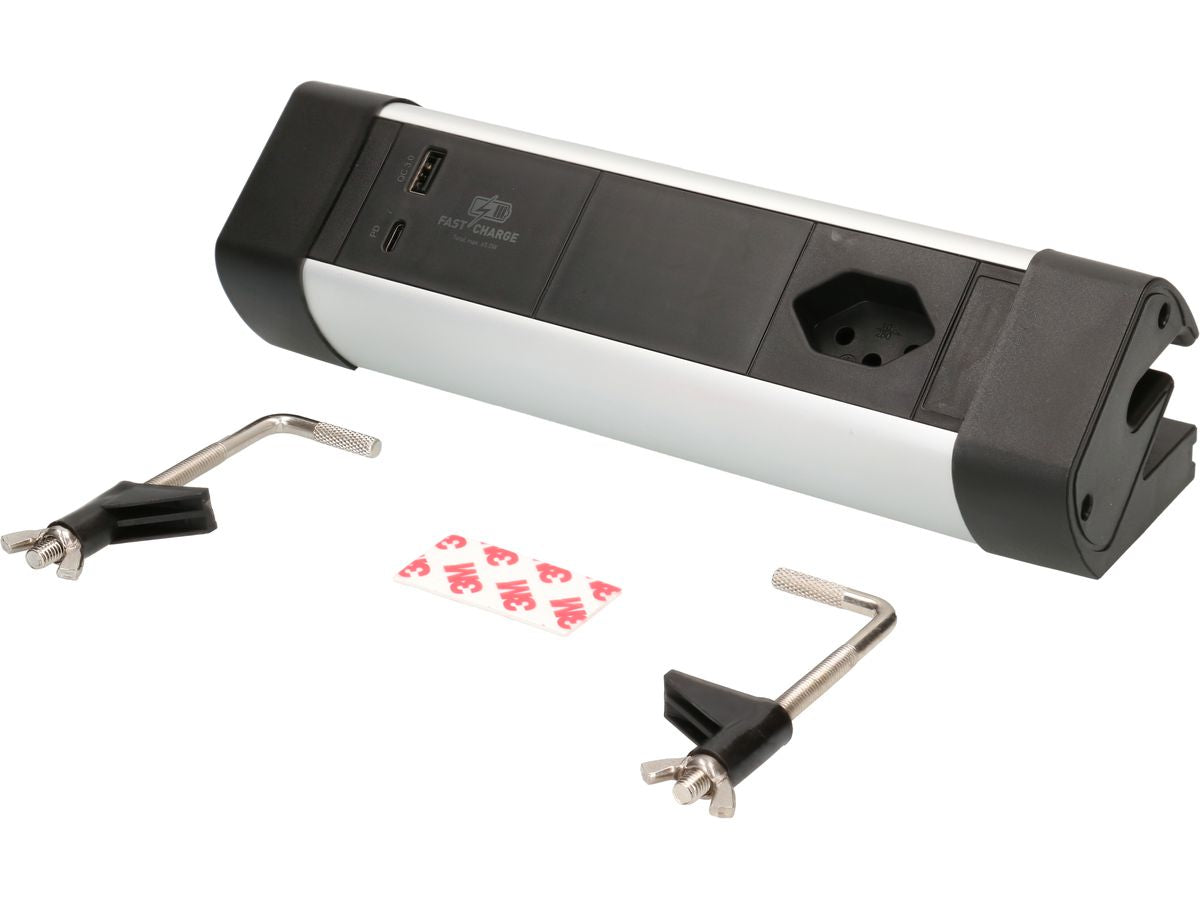 Max Hauri AG Max Hauri Alu-Office-Line – Tischsteckdosenleiste, 1× T13, 1× USB-A, 1× USB-C, 2,5 m, Stecker T12