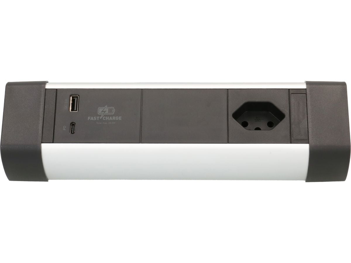 Max Hauri AG Max Hauri Alu-Office-Line – Tischsteckdosenleiste, 1× T13, 1× USB-A, 1× USB-C, 2,5 m, Stecker T12