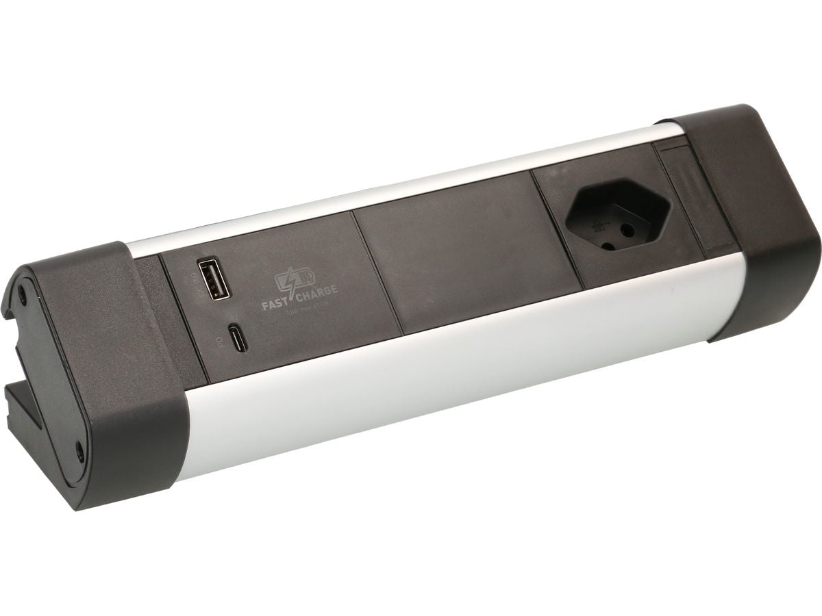 Max Hauri AG Max Hauri Alu-Office-Line – Tischsteckdosenleiste, 1× T13, 1× USB-A, 1× USB-C, 2,5 m, Stecker T12