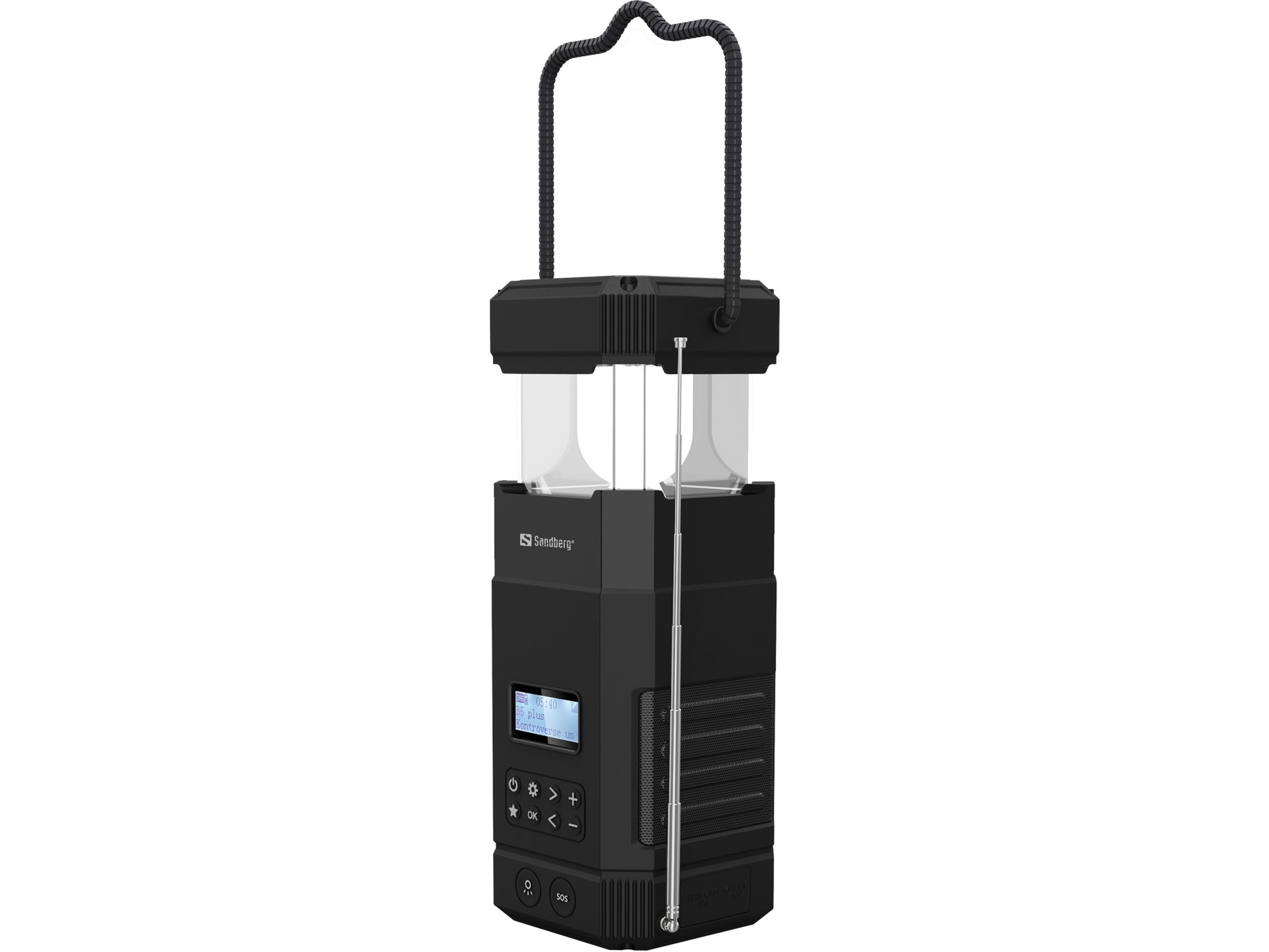 Sandberg Campingleuchte – 21 cm – IPX5 – Akku & Solar, Bluetooth – 10000 mAh, USB-C, Powerbank – Schwa
