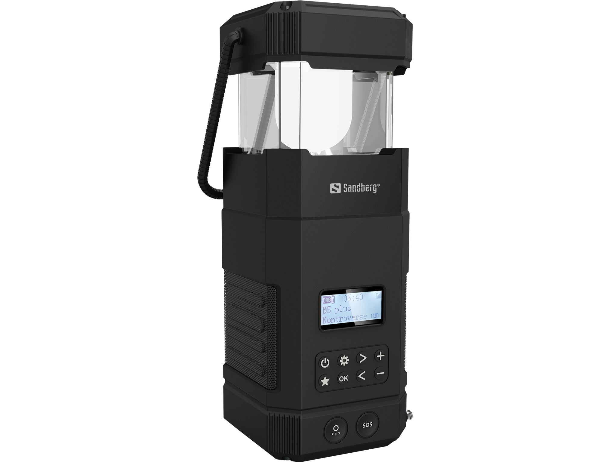 Sandberg Campingleuchte – 21 cm – IPX5 – Akku & Solar, Bluetooth – 10000 mAh, USB-C, Powerbank – Schwa