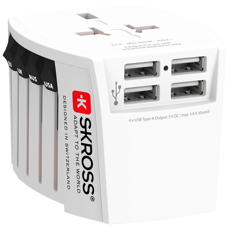 SKROSS MUV Reiseadapter – 4× USB-A, für weltweite Verwendung – Weiss