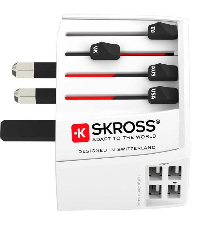 SKROSS MUV Reiseadapter – 4× USB-A, für weltweite Verwendung – Weiss