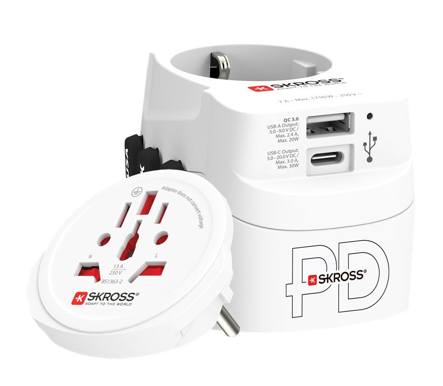 Skross PRO Light USB A/C 30PD Reiseadapter – USB‑C PD 30 W, USB‑A 20 W – für weltweit (Typ A/B/C/G/I/L)