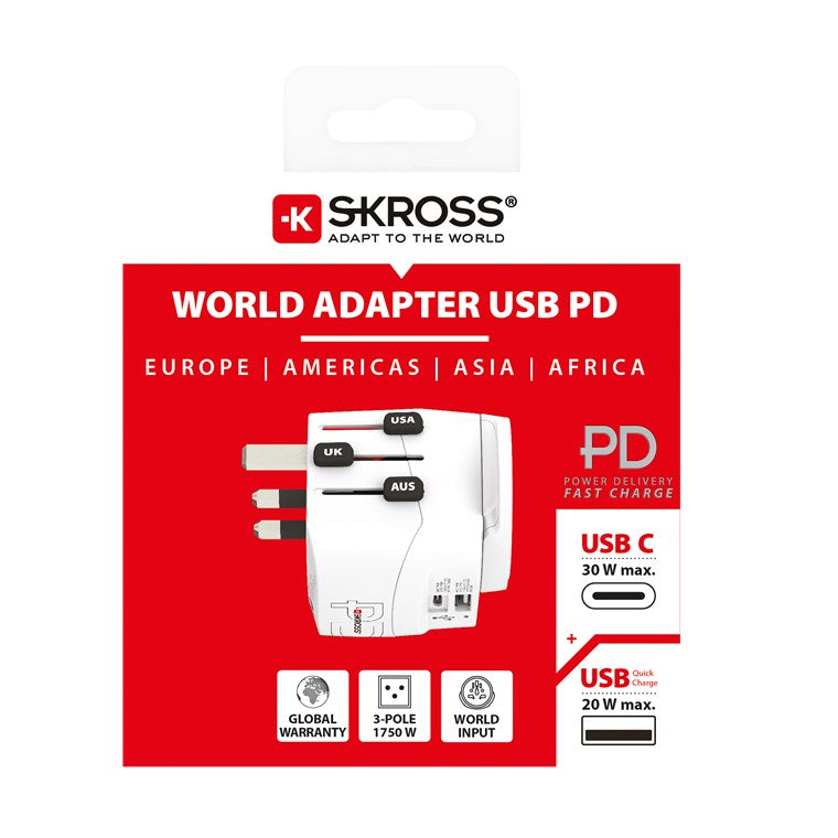 Skross PRO Light USB A/C 30PD Reiseadapter – USB‑C PD 30 W, USB‑A 20 W – für weltweit (Typ A/B/C/G/I/L)
