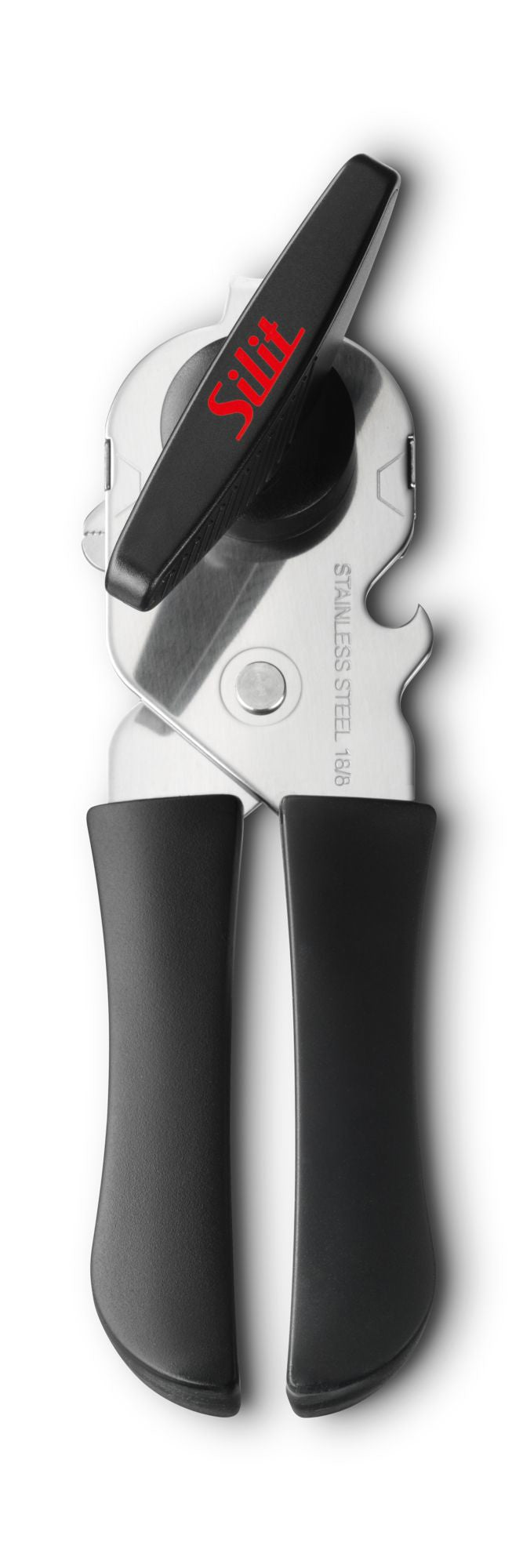 Silit Dosenöffner 23,5 cm, Edelstahl (18/10)/Kunststoff, Schwarz, mit Flaschenöffner
