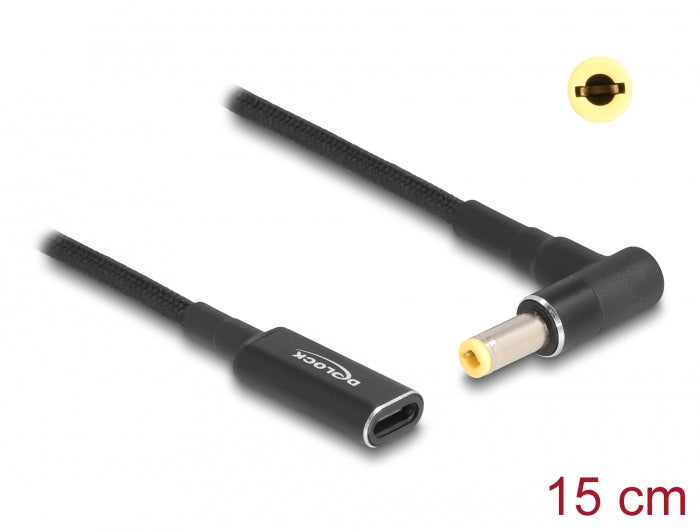 DeLOCK Adapter USB-C zu 5,5 × 2,1 mm – 19,5 V / 3 A, USB Power Delivery, 15 cm, 90° gewinkelt, Schwarz
