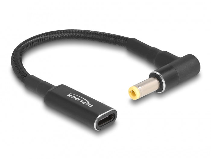 DeLOCK Adapter USB-C zu 5,5 × 2,1 mm – 19,5 V / 3 A, USB Power Delivery, 15 cm, 90° gewinkelt, Schwarz