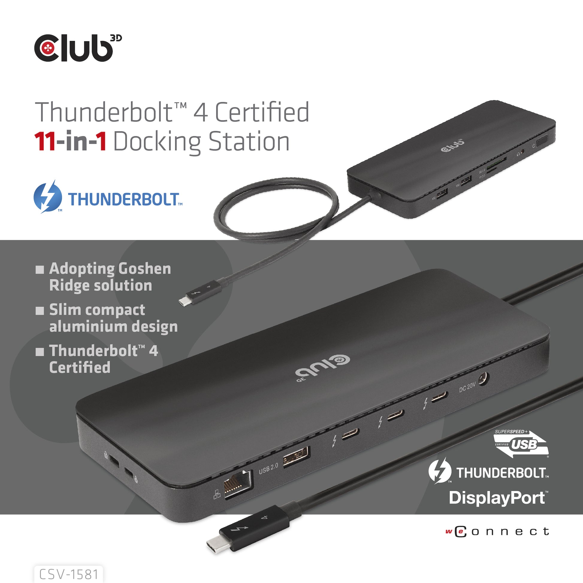 CLUB3D Club 3D TB4 11in1 Dockingstation – Thunderbolt 4, 3× USB-A, 140 W PD, GbE, SD/microSD, 3,5 mm Audio, TB4 × 3