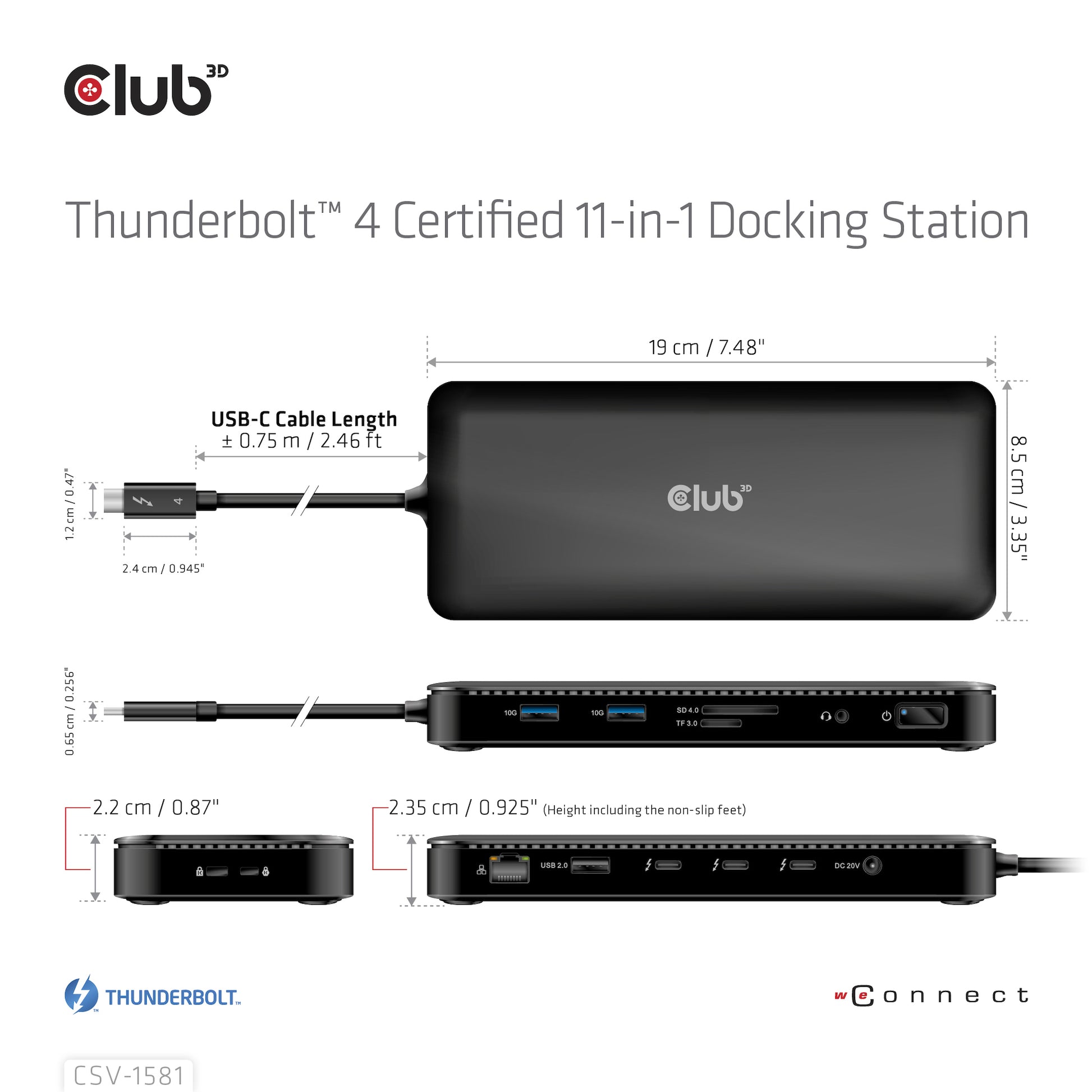 CLUB3D Club 3D TB4 11in1 Dockingstation – Thunderbolt 4, 3× USB-A, 140 W PD, GbE, SD/microSD, 3,5 mm Audio, TB4 × 3
