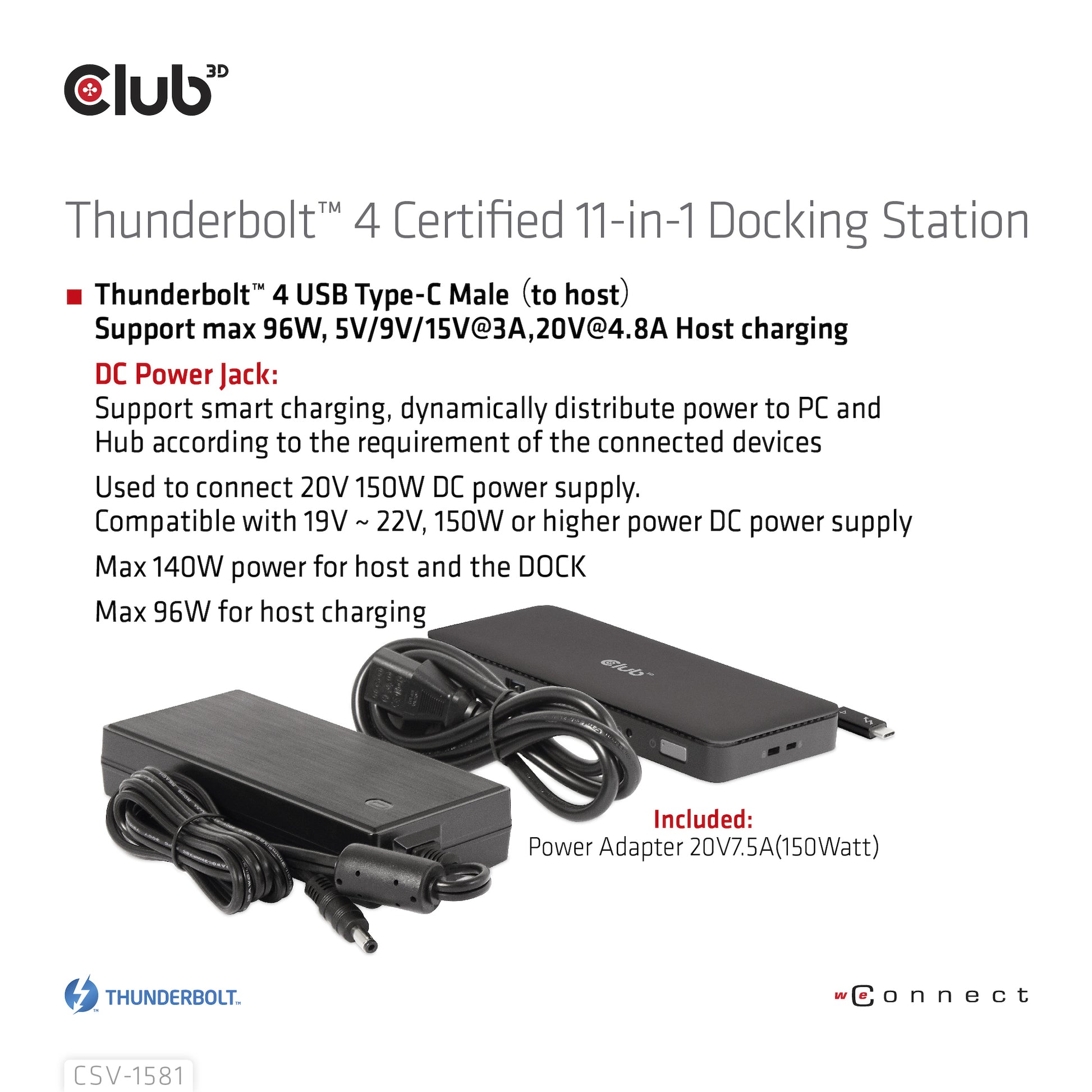 CLUB3D Club 3D TB4 11in1 Dockingstation – Thunderbolt 4, 3× USB-A, 140 W PD, GbE, SD/microSD, 3,5 mm Audio, TB4 × 3
