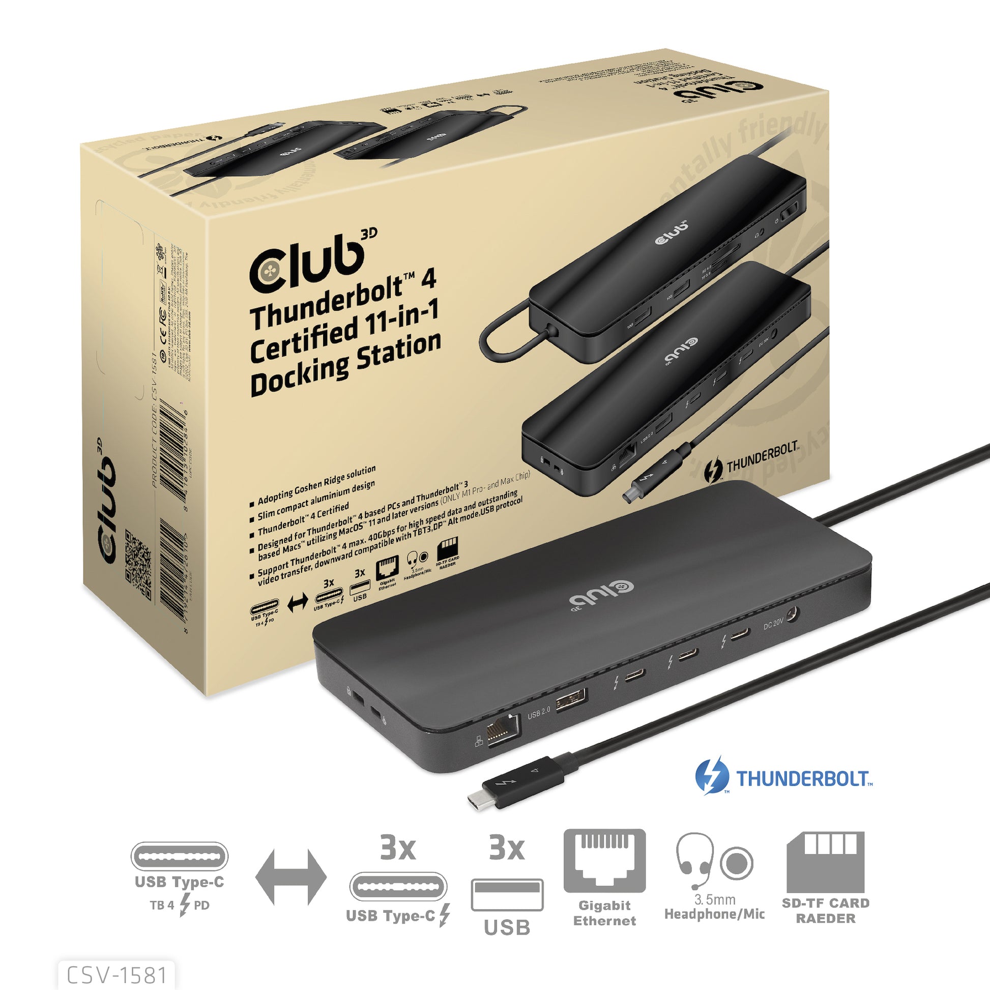 CLUB3D Club 3D TB4 11in1 Dockingstation – Thunderbolt 4, 3× USB-A, 140 W PD, GbE, SD/microSD, 3,5 mm Audio, TB4 × 3