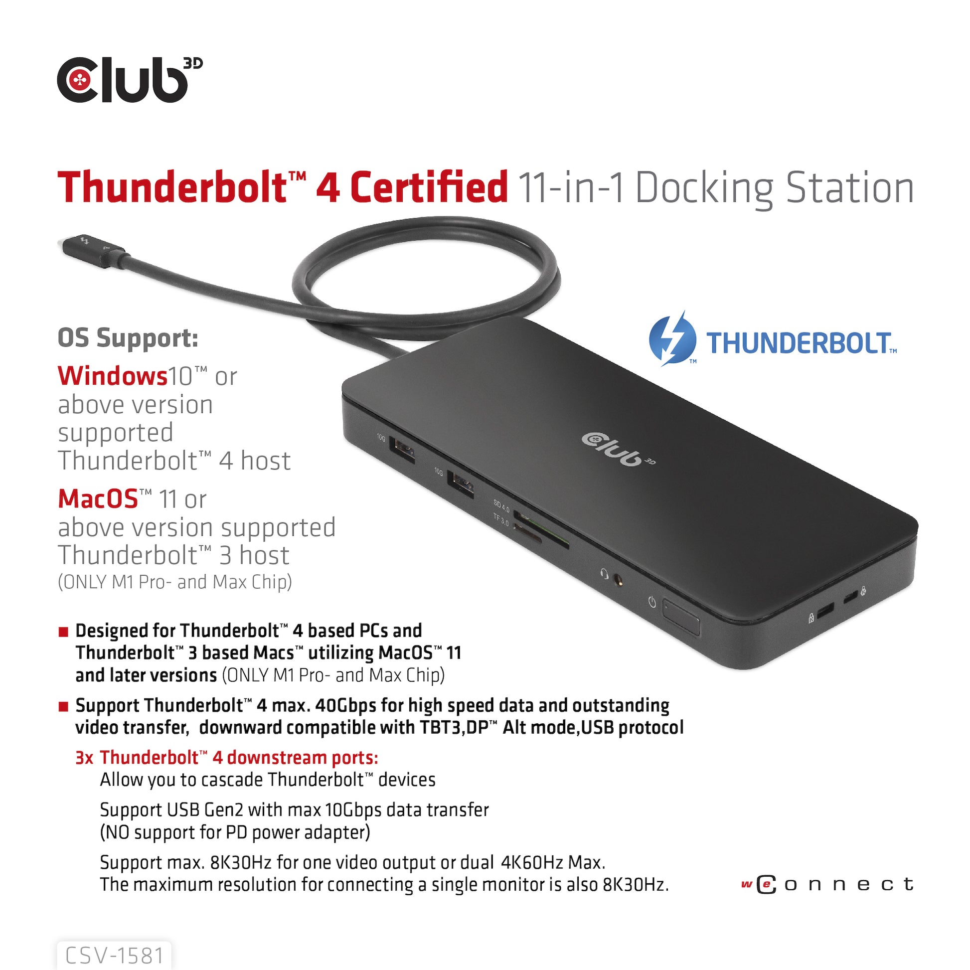 CLUB3D Club 3D TB4 11in1 Dockingstation – Thunderbolt 4, 3× USB-A, 140 W PD, GbE, SD/microSD, 3,5 mm Audio, TB4 × 3