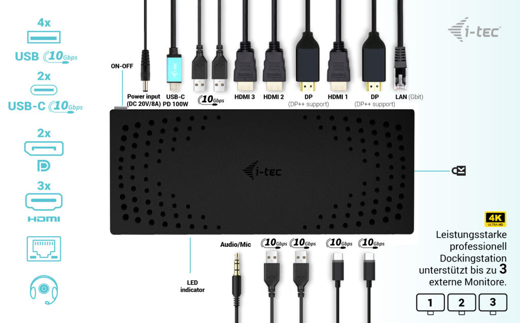 i-tec Dockingstation – USB-C, 2× DP, 3× HDMI, 4× USB-A, 2× USB-C, 100 W PD, GbE