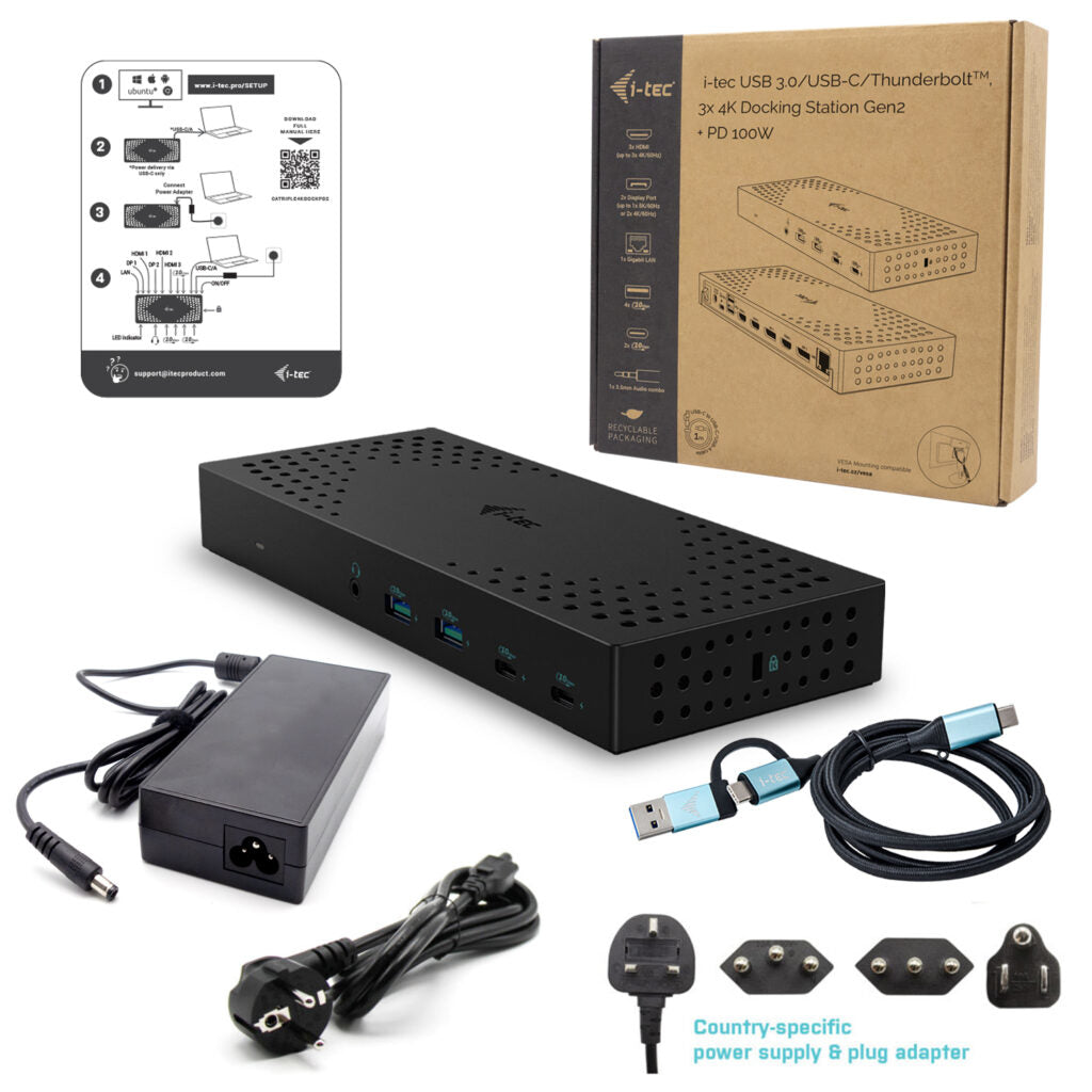 i-tec Dockingstation – USB-C, 2× DP, 3× HDMI, 4× USB-A, 2× USB-C, 100 W PD, GbE