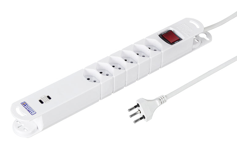 Steffen VARIABL Steckdosenleiste, 6×T13, 2×USB-C PD 18 W (36 W), mit Schalter, 3 m – Weiss