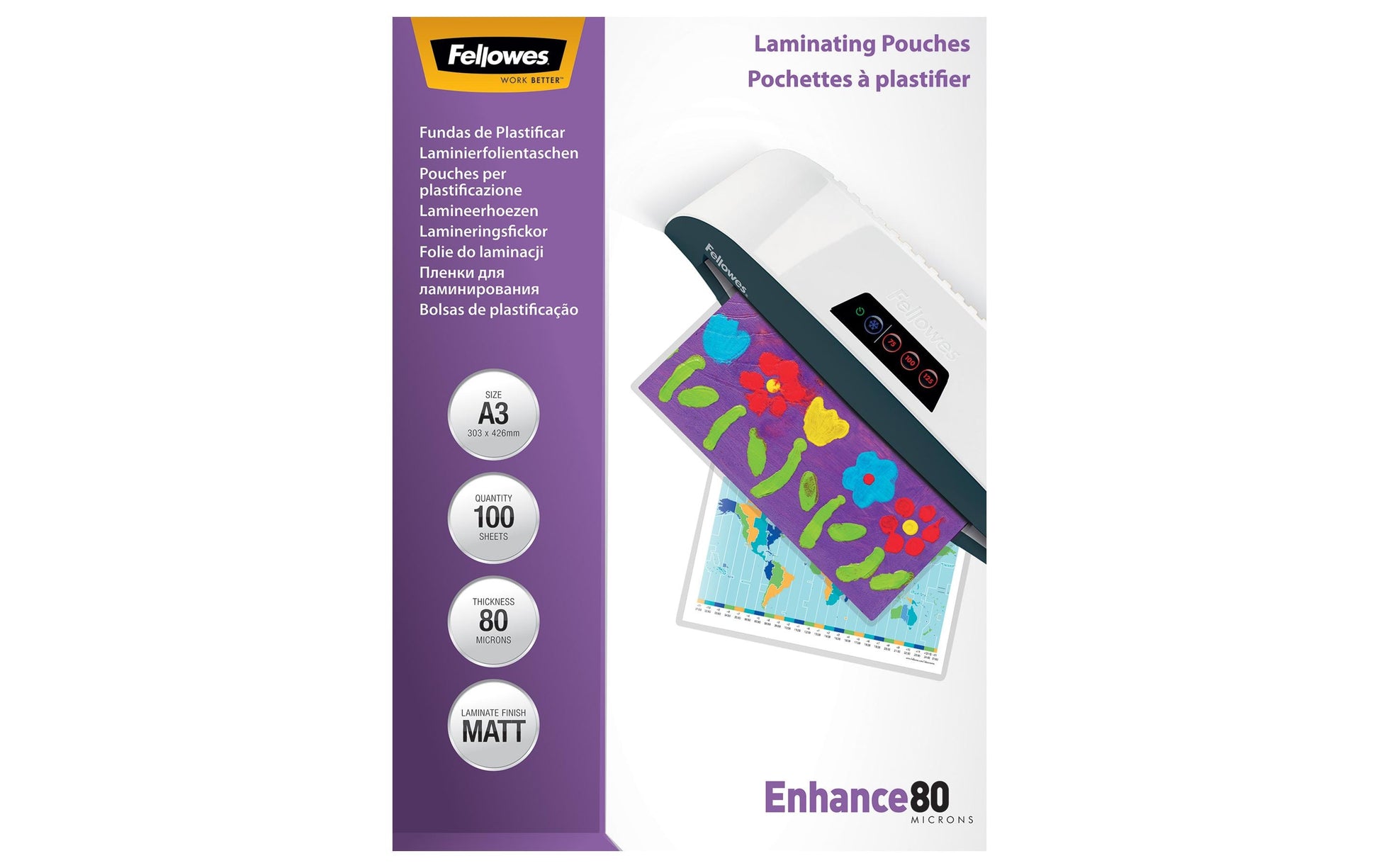 Fellowes Laminierfolien A3, matt – 80 µm, 303 × 426 mm, 100 Stk.