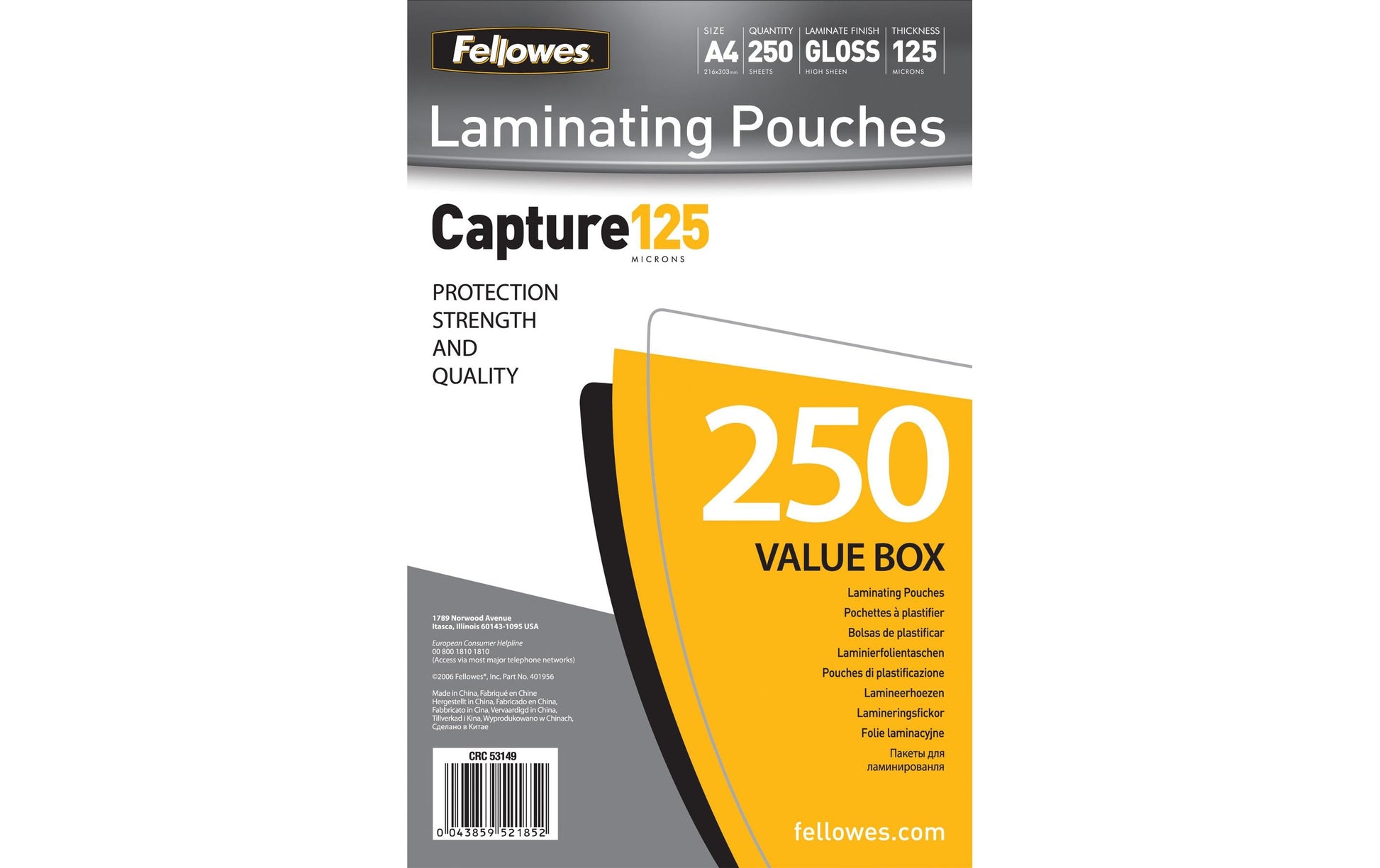 Fellowes Laminierfolien A4, glänzend – 125 µm, 216 × 303 mm, 250 Stk.