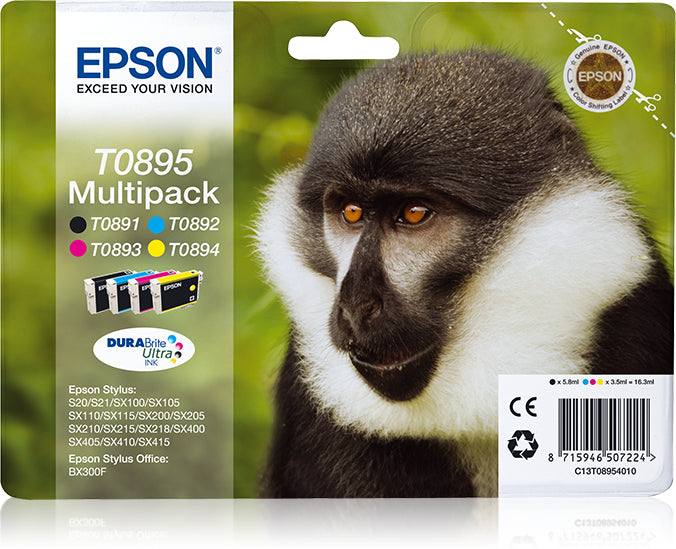 Epson T0895 Tintenpatronen-Multipack, Schwarz/Cyan/Magenta/Gelb (Original) – für Epson Stylus SX415/SX410 …
