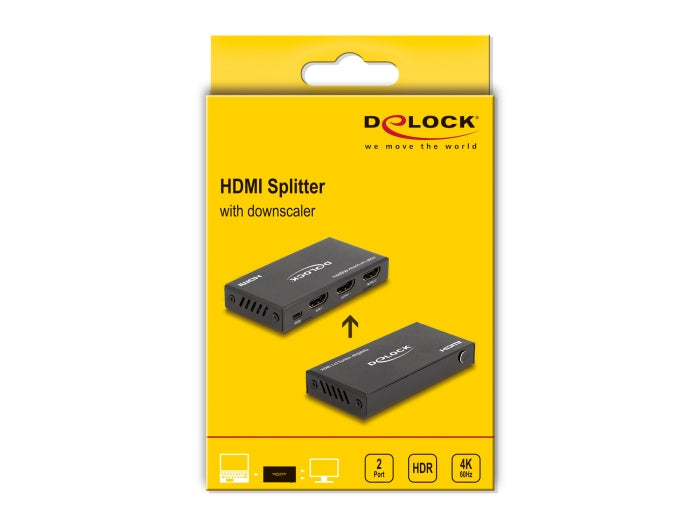 DeLOCK HDMI Splitter, 1× HDMI In / 2× HDMI Out, 4K@60 Hz, HDR, HDCP 1.4/2.2, Downscaler, Schwarz