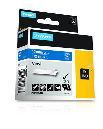 DYMO Schriftband – 12 mm × 5,5 m, blau, weiss – RHINO BAND ID1