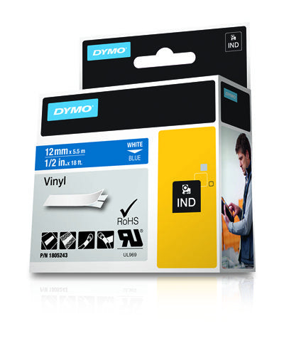 DYMO Schriftband – 12 mm × 5,5 m, blau, weiss – RHINO BAND ID1