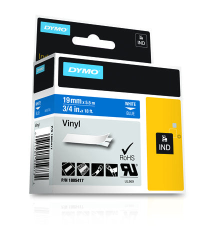 DYMO Schriftband – 19 mm × 5,5 m, blau, weiss – für DYMO Rhino: 3000, 4200, 5000, und andere