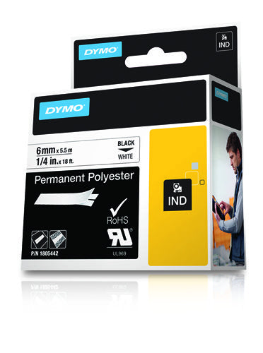 DYMO Textilband – 6 mm × 5,5 m, weiss, schwarz – für DYMO Rhino: 3000, 4200, 5000 und weitere