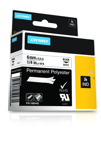 DYMO Textilband – 6 mm × 5,5 m, weiss, schwarz – für DYMO Rhino: 3000, 4200, 5000 und weitere