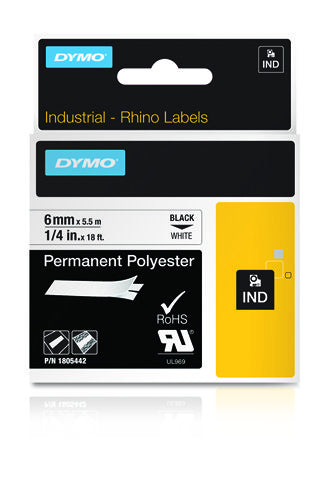 DYMO Textilband – 6 mm × 5,5 m, weiss, schwarz – für DYMO Rhino: 3000, 4200, 5000 und weitere