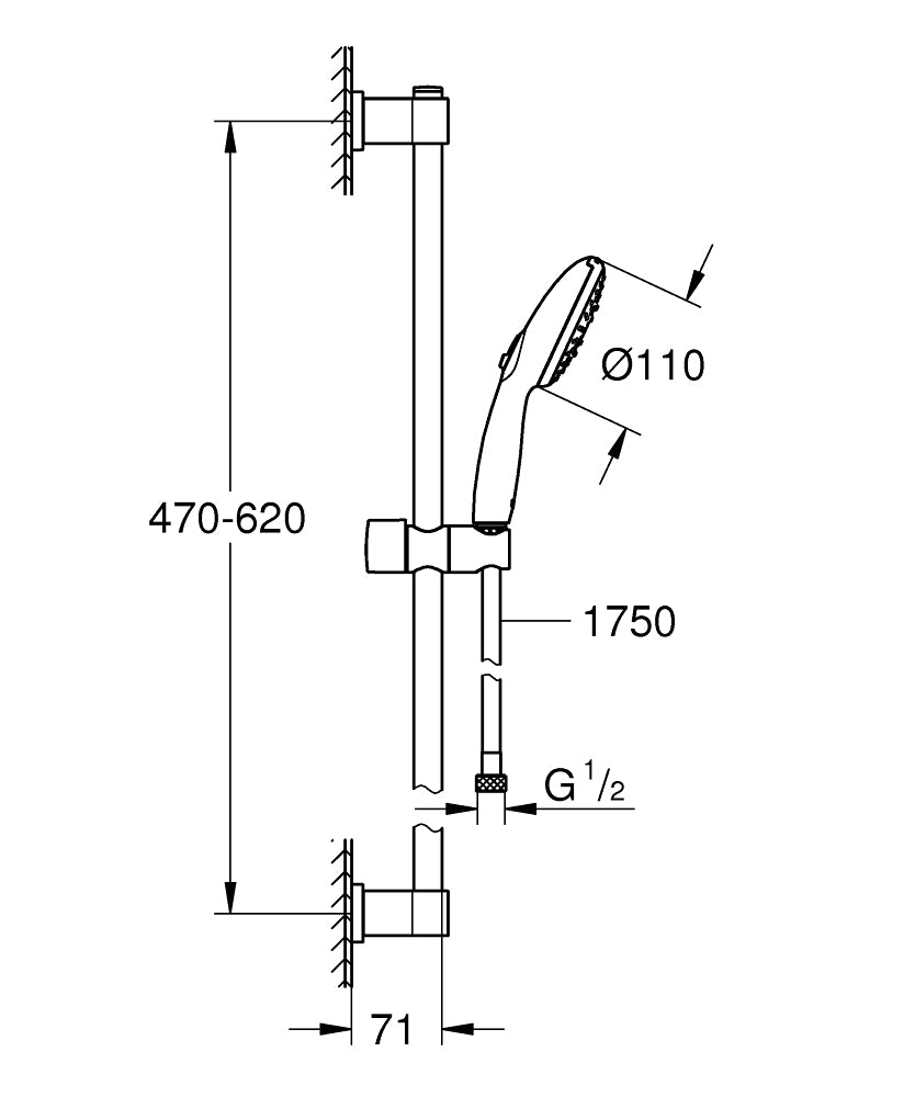 GROHE Badebatterie Vitalio Start 110 – 175 cm Schlauch, Kunststoff, Chrom