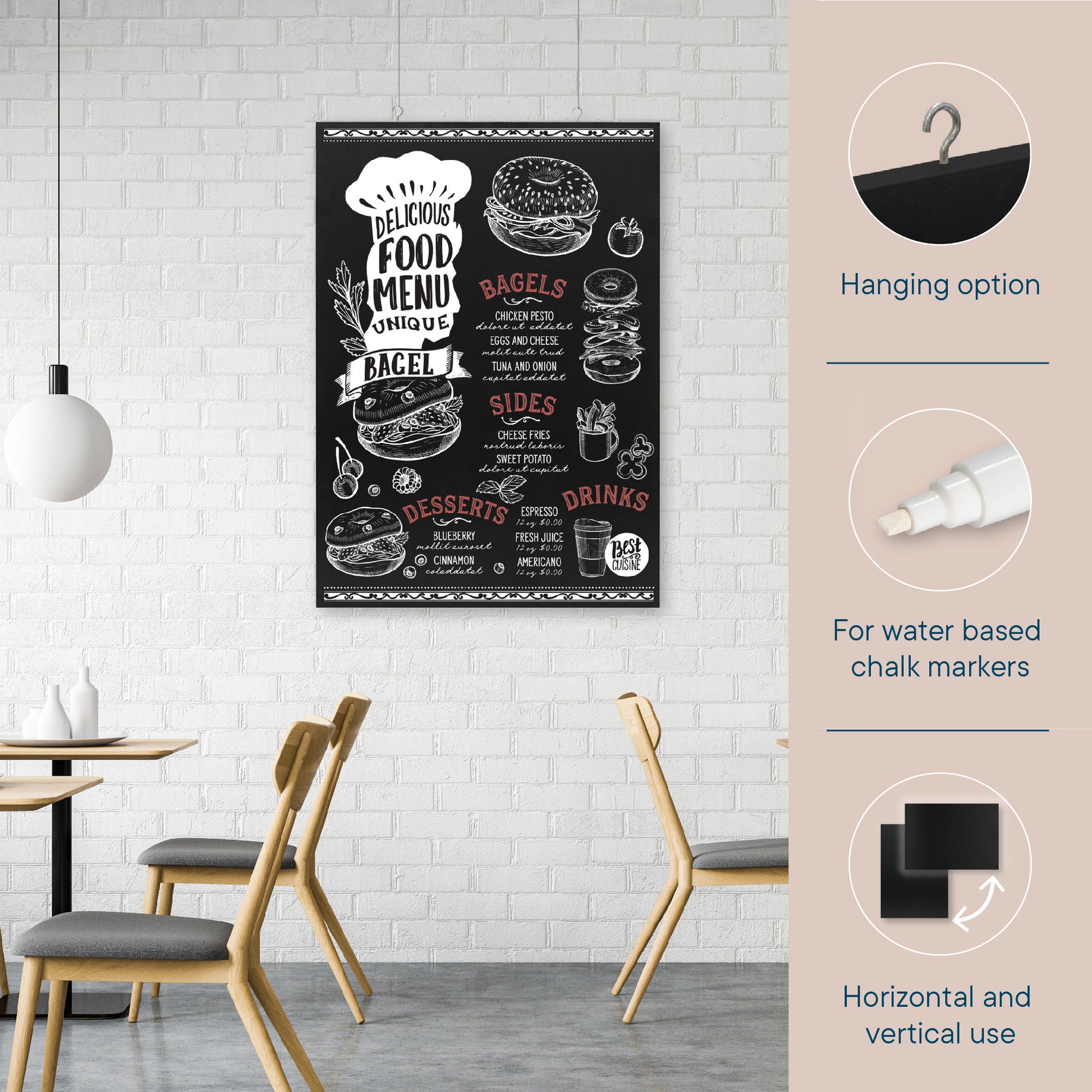 Europel Kreidetafel ohne Rahmen – 500 × 1'000 mm – MDF-Platten, schwarz – für Kreidemarker