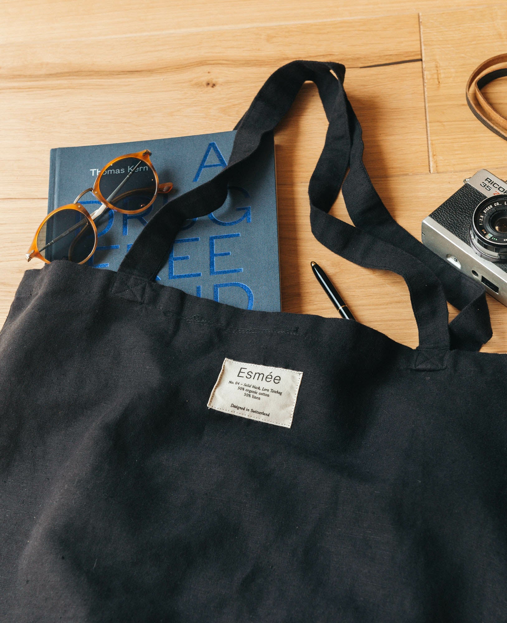 Esmée Stofftasche, Baumwolle/Leinen, Schwarz, 470×400×50 mm, Lange Henkel