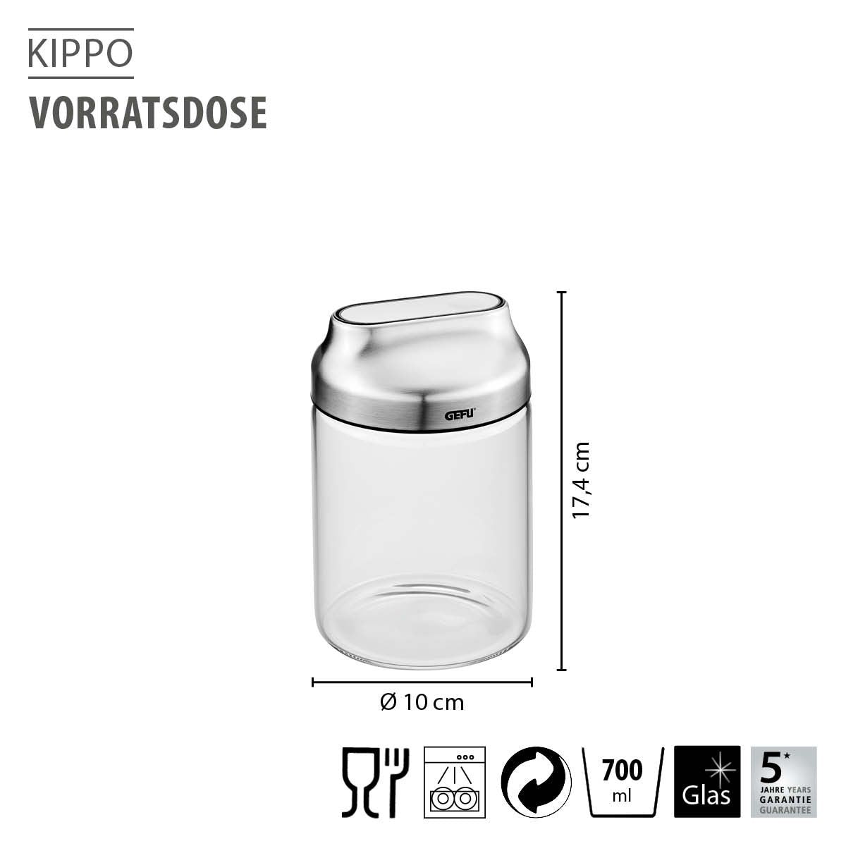 GEFU Vorratsdose 700 ml, Ø 10 × 17,4 cm, Borosilikatglas/Edelstahl, transparent