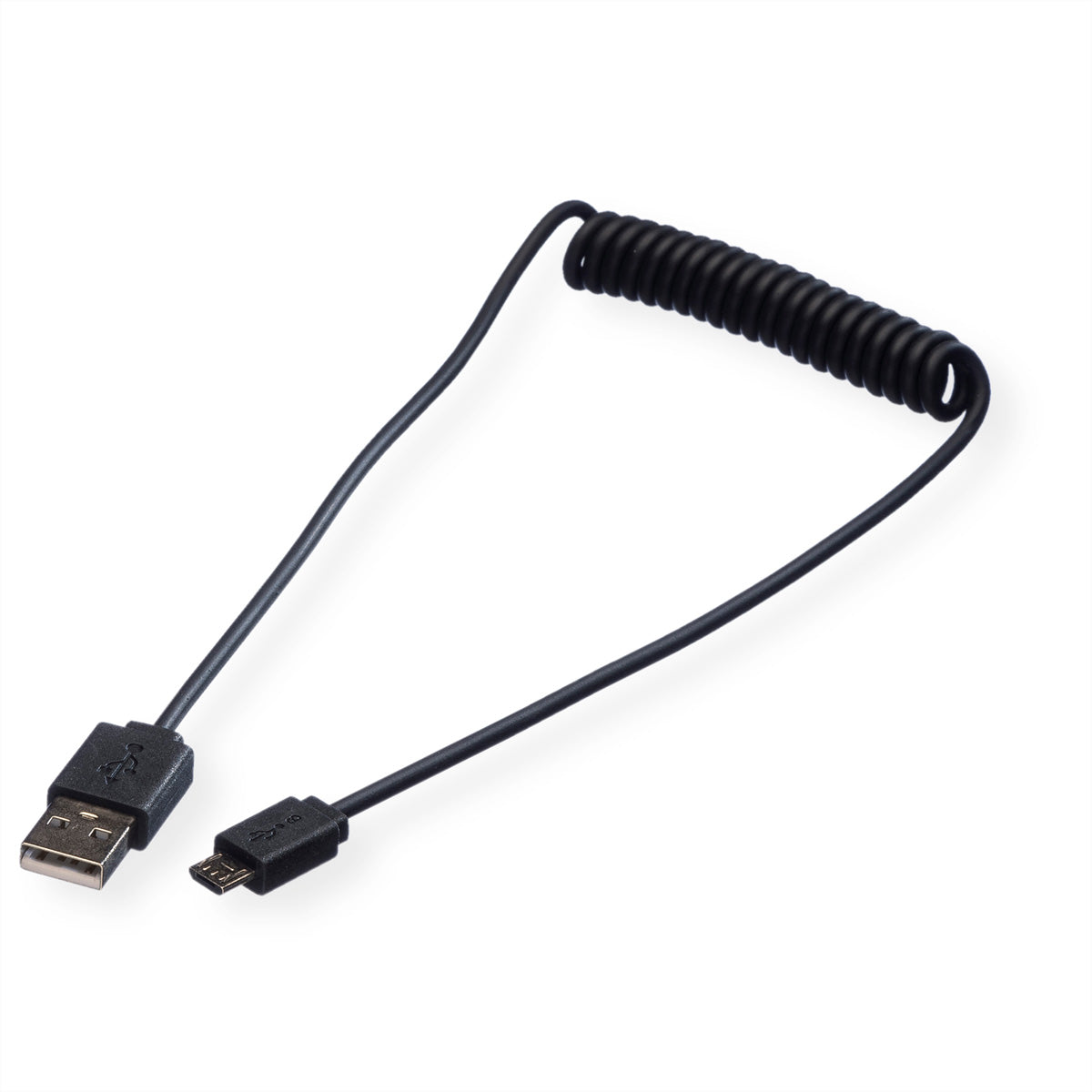 ROLINE USB-A auf Micro-USB-B Kabel – USB 2.0 (480 Mbit/s) – 1 m – Spiralkabel – Schwarz – für Micro-USB-Geräte