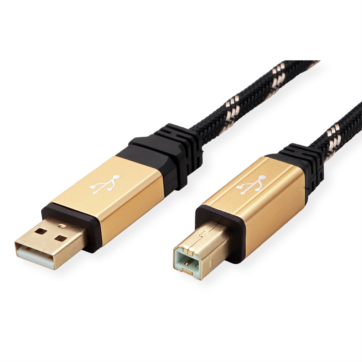 ROLINE USB-A auf USB-B Kabel – USB 2.0 (480 Mbit/s) – 3 m – Geflochten, Goldkontakte – Schwarz/Gold
