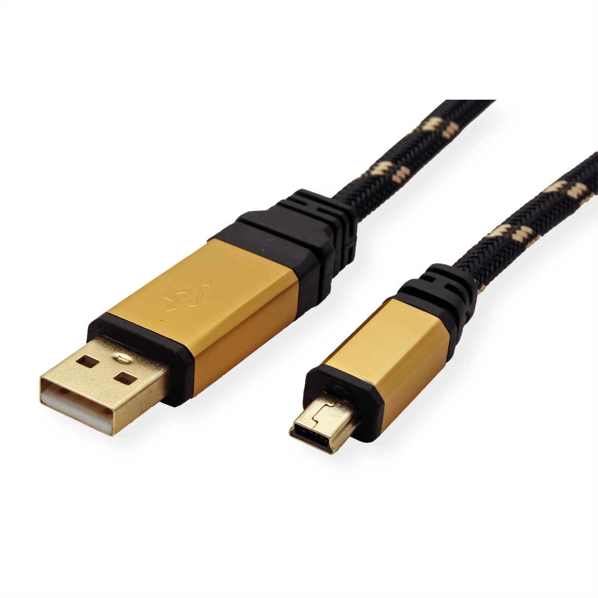 ROLINE USB-A auf Mini-USB Kabel – USB 2.0 (480 Mbit/s) – 0,8 m – Vergoldete Kontakte, Nylonmantel – Schwarz/Gold